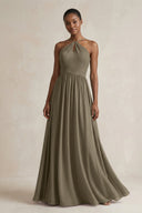 A - Line Halter Chiffon Ruched Bridesmaid Dress in Willow Green - KissProm Bridesmaid Dresses