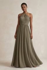 A - Line Halter Chiffon Ruched Bridesmaid Dress in Willow Green - KissProm Bridesmaid Dresses