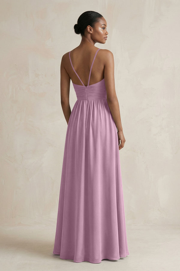 A - Line Halter Chiffon Ruched Bridesmaid Dress in Wisteria - KissProm Bridesmaid Dresses