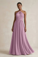 A - Line Halter Chiffon Ruched Bridesmaid Dress in Wisteria - KissProm Bridesmaid Dresses