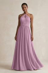 A - Line Halter Chiffon Ruched Bridesmaid Dress in Wisteria - KissProm Bridesmaid Dresses