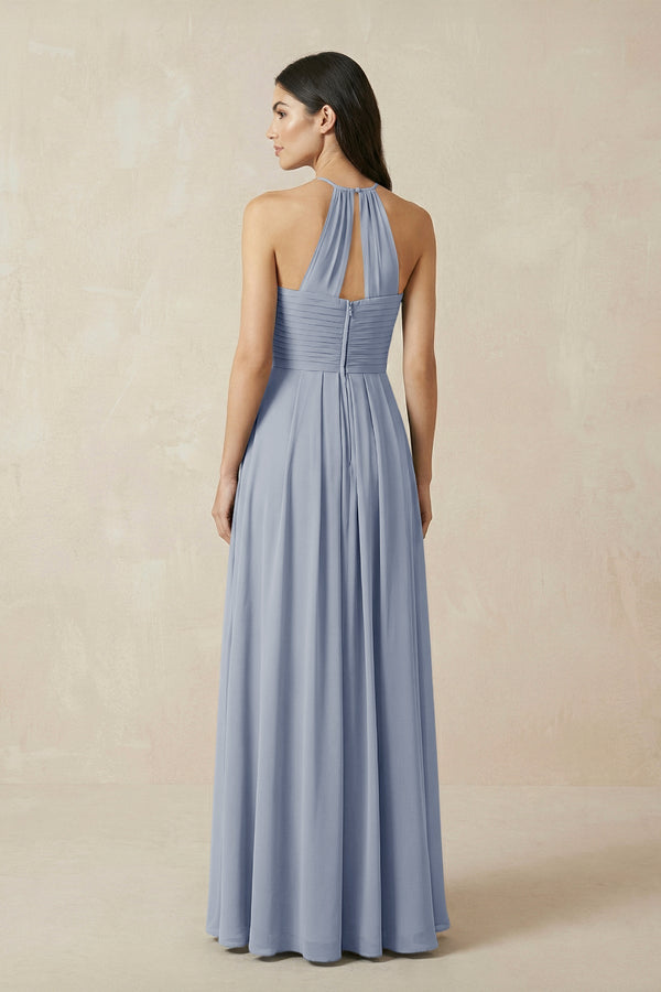 A - Line Halter Neck Pleated Chiffon Bridesmaid Dress in Twilight - KissProm Bridesmaid Dresses