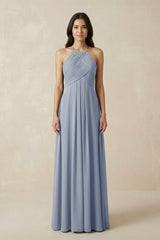 A - Line Halter Neck Pleated Chiffon Bridesmaid Dress in Twilight - KissProm Bridesmaid Dresses