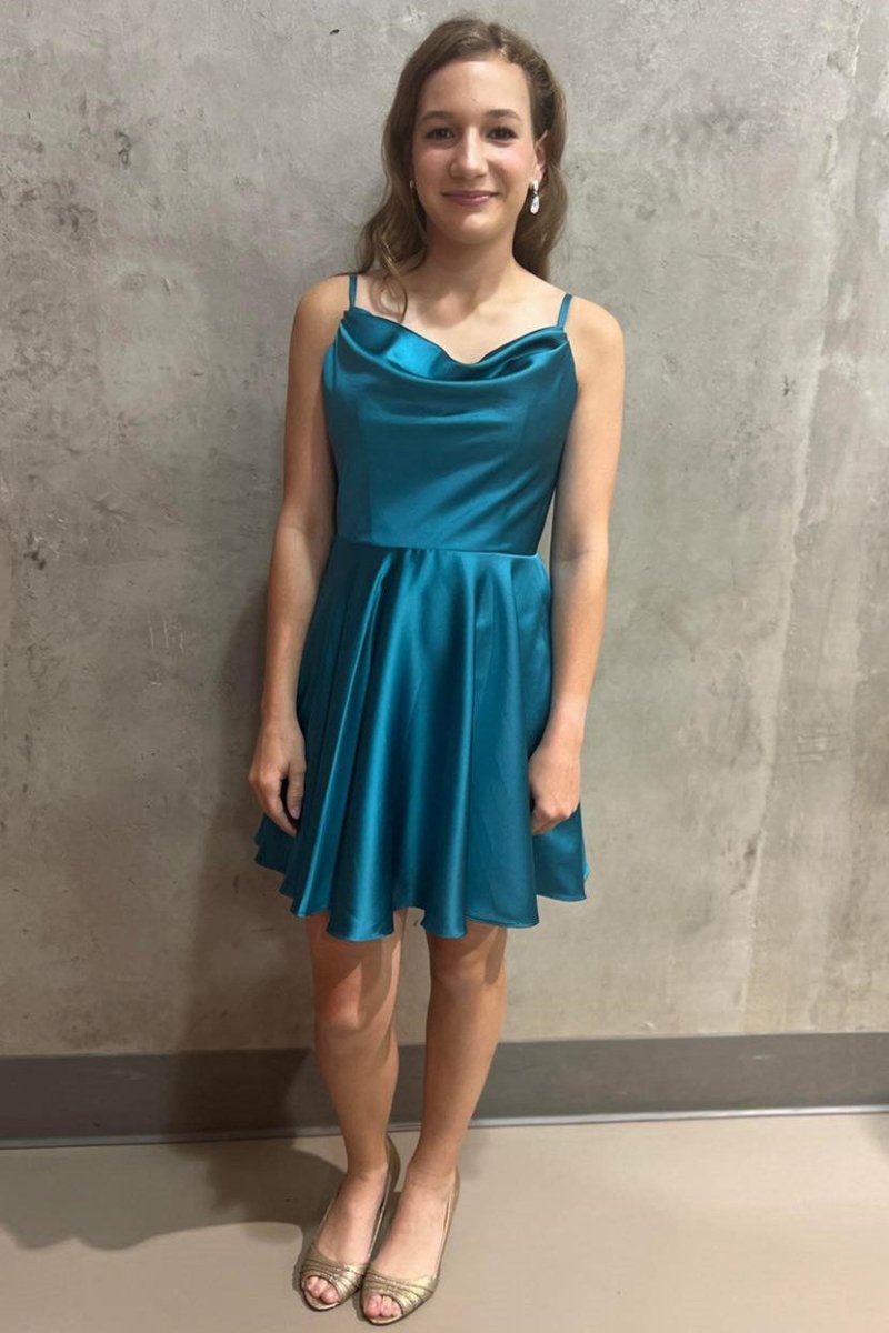 A Line Hot Pink Cowl Neck Lace-Up Short Homecoming Dress