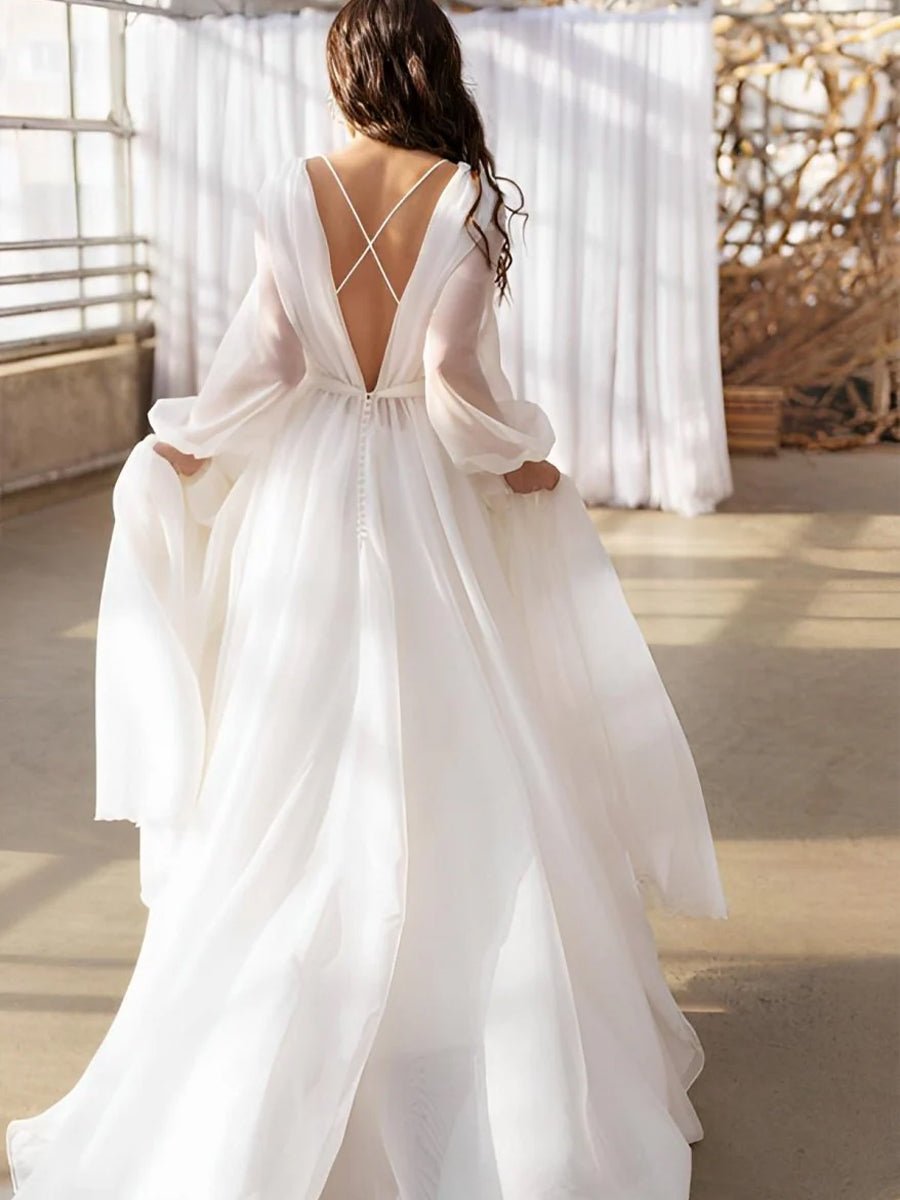 A - Line Illusion Neck Long Sleeves Sweep Train Organza Wedding Dresses - KissProm