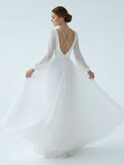 A - Line Illusion Neck Long Sleeves Sweep Train Organza Wedding Dresses - KissProm