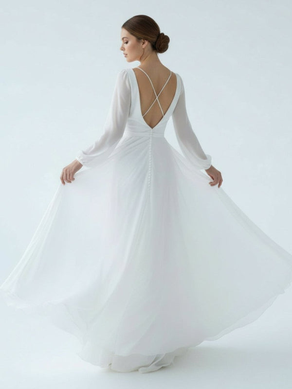 A - Line Illusion Neck Long Sleeves Sweep Train Organza Wedding Dresses - KissProm