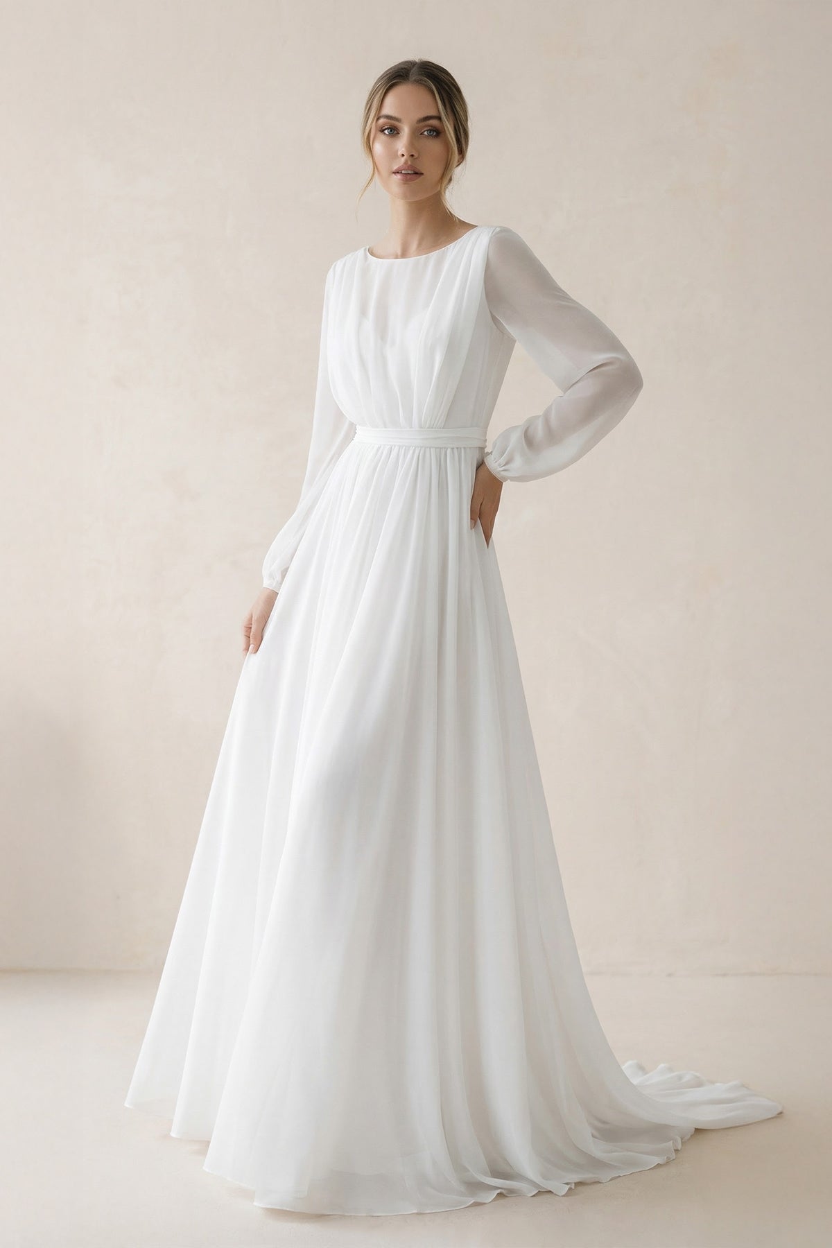 KissProm A-Line Illusion Neck Long Sleeves Sweep Train Organza Wedding Dresses, Diamond White / 16