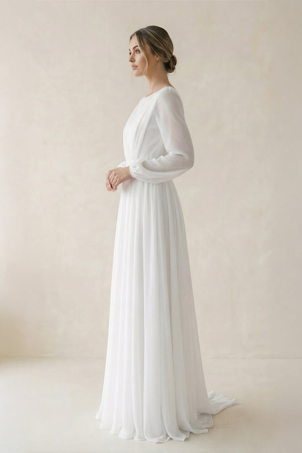 A - Line Illusion Neck Long Sleeves Sweep Train Organza Wedding Dresses  – Wedding Dresses by KissProm | Available at KissProm