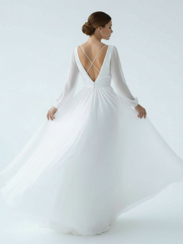A - Line Illusion Neck Long Sleeves Sweep Train Organza Wedding Dresses - KissProm
