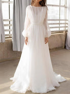 A - Line Illusion Neck Long Sleeves Sweep Train Organza Wedding Dresses - KissProm