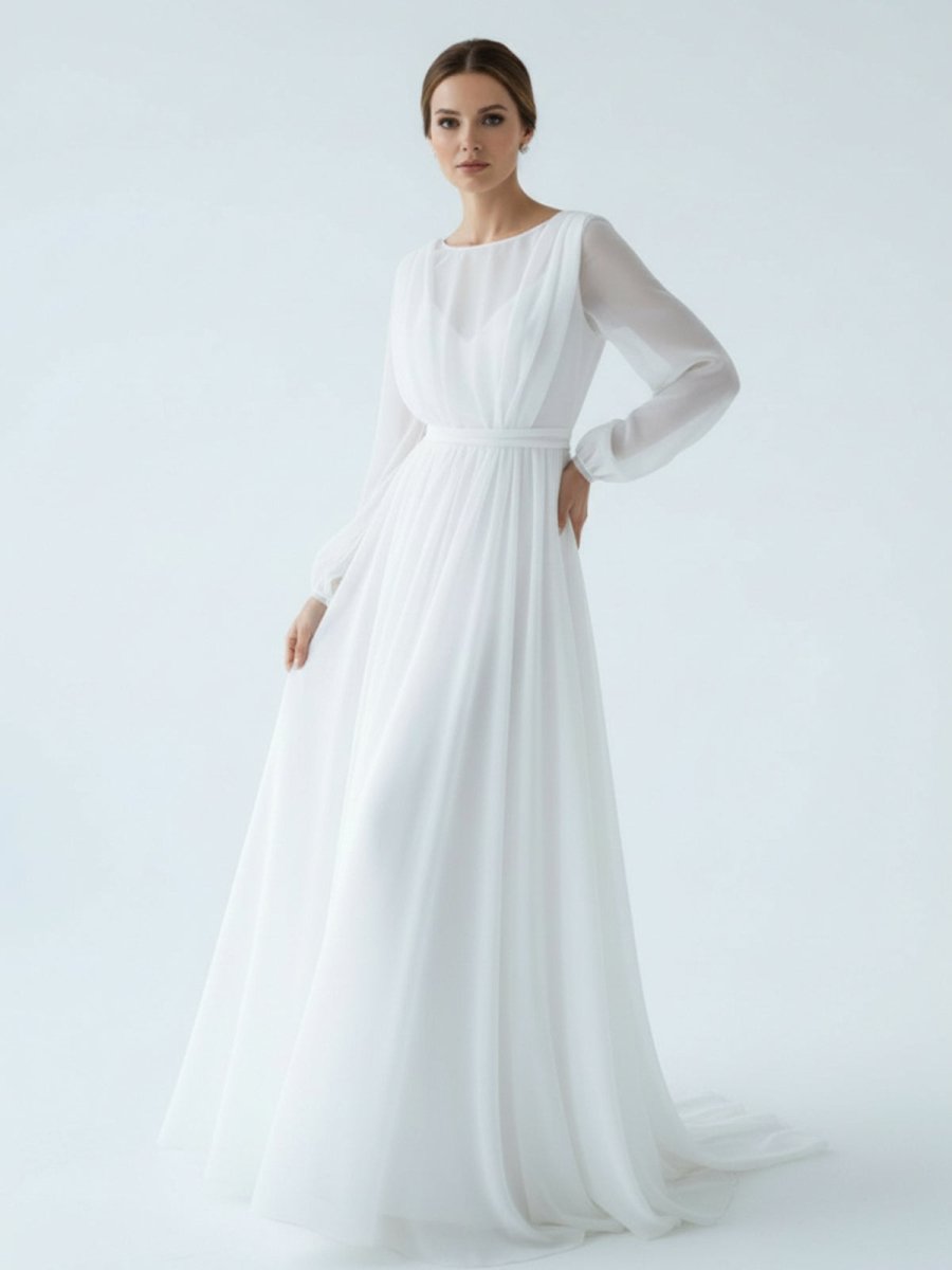 KissProm A-Line Illusion Neck Long Sleeves Sweep Train Organza Wedding Dresses, Diamond White / 16