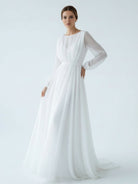 A - Line Illusion Neck Long Sleeves Sweep Train Organza Wedding Dresses - KissProm