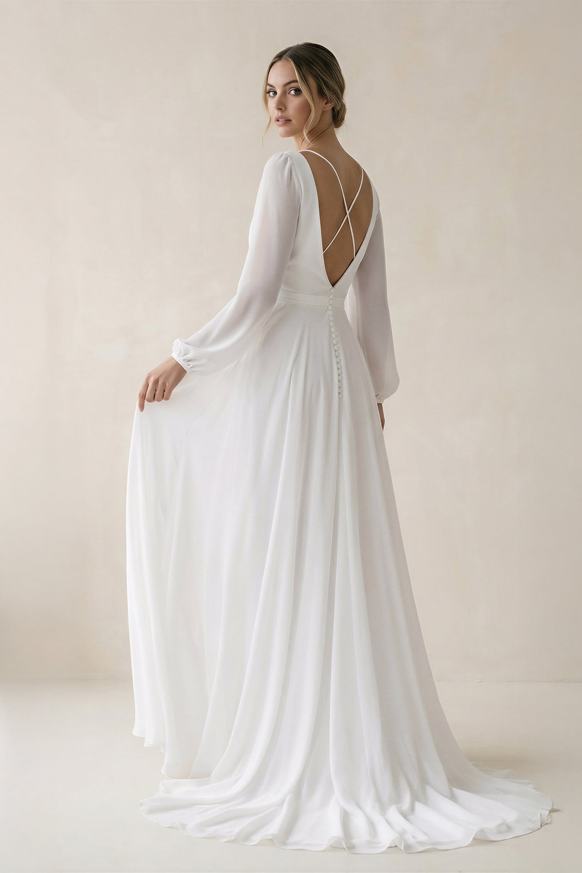 KissProm A-Line Illusion Neck Long Sleeves Sweep Train Organza Wedding Dresses, Diamond White / 16