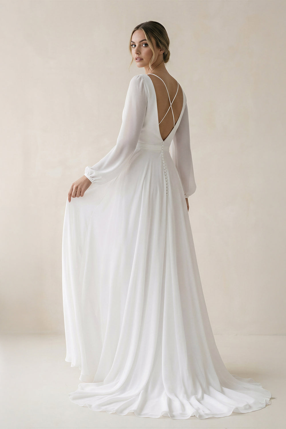 A - Line Illusion Neck Long Sleeves Sweep Train Organza Wedding Dresses  – Wedding Dresses by KissProm | Available at KissProm
