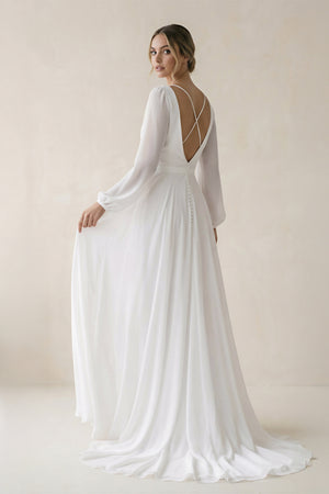 A - Line Illusion Neck Long Sleeves Sweep Train Organza Wedding Dresses  – Wedding Dresses by KissProm | Available at KissProm