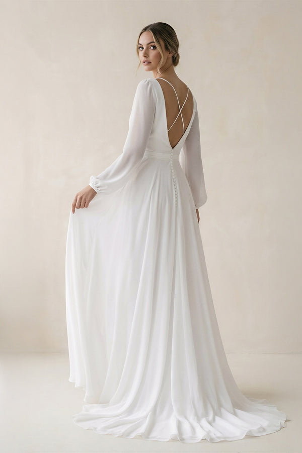A - Line Illusion Neck Long Sleeves Sweep Train Organza Wedding Dresses  – Wedding Dresses by KissProm | Available at KissProm