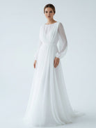 A - Line Illusion Neck Long Sleeves Sweep Train Organza Wedding Dresses - KissProm