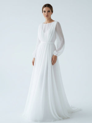 A - Line Illusion Neck Long Sleeves Sweep Train Organza Wedding Dresses - KissProm
