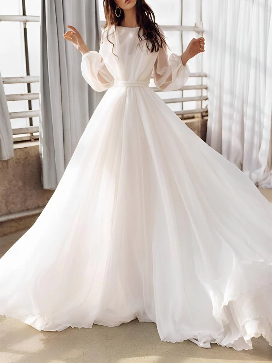 A - Line Illusion Neck Long Sleeves Sweep Train Organza Wedding Dresses - KissProm