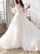 A - Line Illusion Neck Long Sleeves Sweep Train Organza Wedding Dresses - KissProm