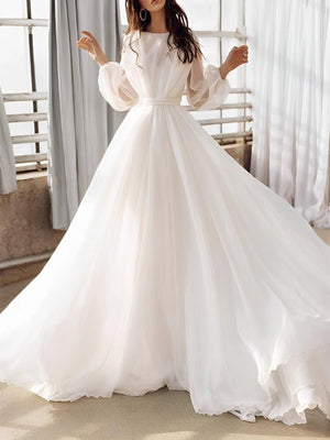 A - Line Illusion Neck Long Sleeves Sweep Train Organza Wedding Dresses - KissProm
