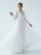 A - Line Illusion Neck Long Sleeves Sweep Train Organza Wedding Dresses - KissProm