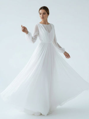 A - Line Illusion Neck Long Sleeves Sweep Train Organza Wedding Dresses - KissProm