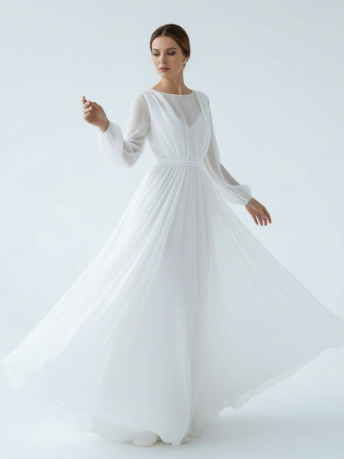 A - Line Illusion Neck Long Sleeves Sweep Train Organza Wedding Dresses - KissProm