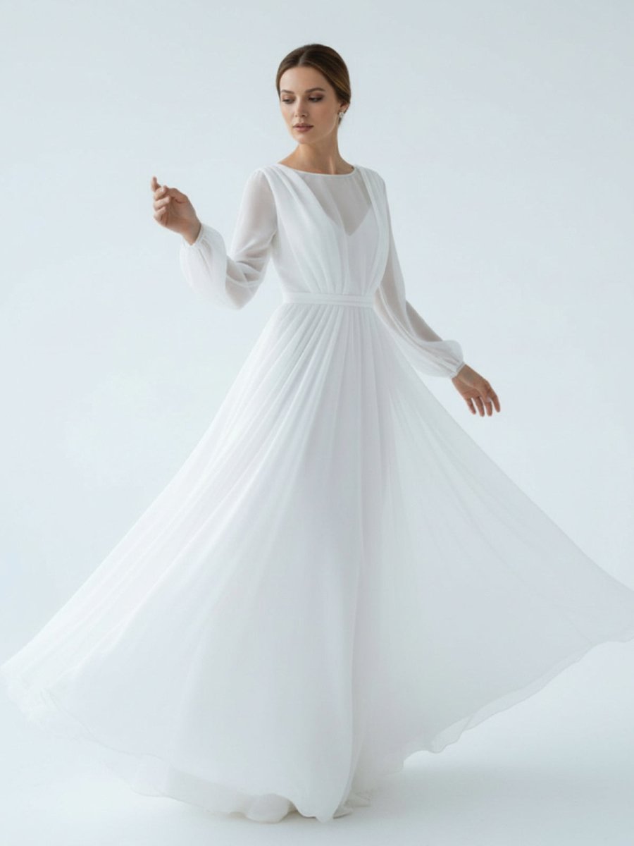 A - Line Illusion Neck Long Sleeves Sweep Train Organza Wedding Dresses - KissProm