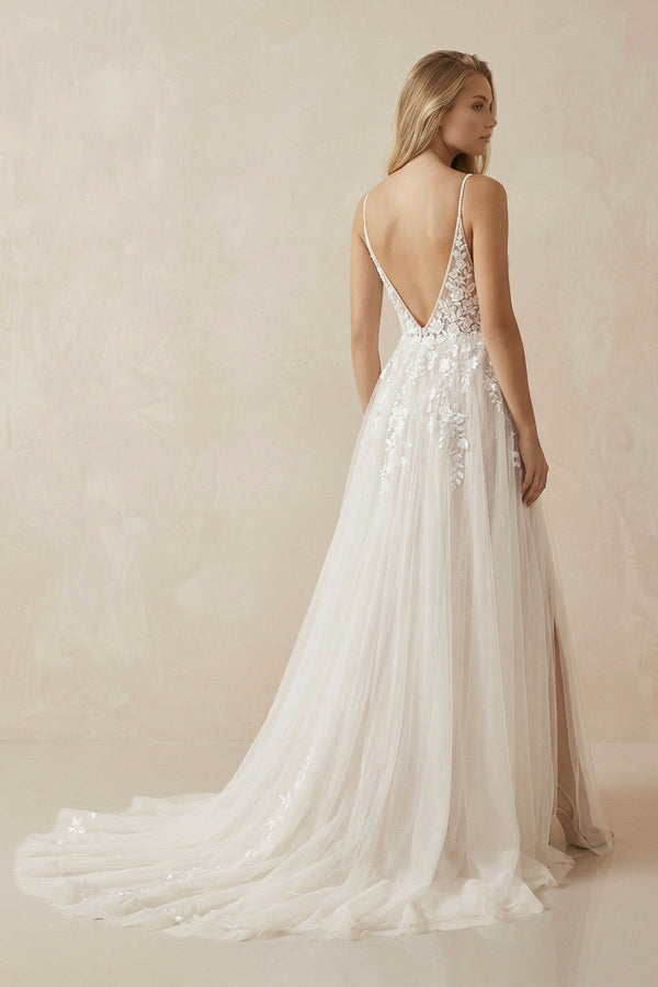 A - Line Ivory Lace V - Neck Wedding Dress with Ruffles - KissProm Wedding Dresses