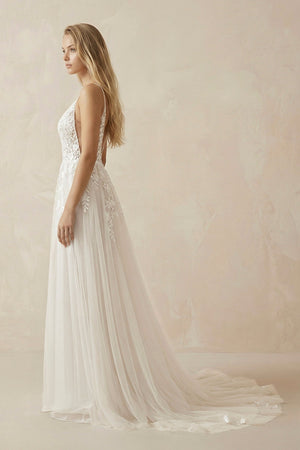 A - Line Ivory Lace V - Neck Wedding Dress with Ruffles - KissProm Wedding Dresses
