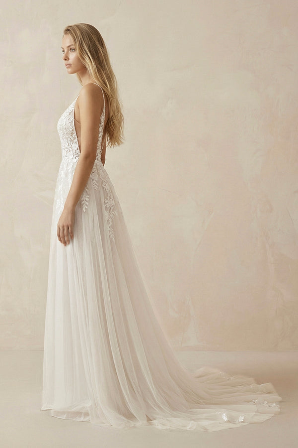 A - Line Ivory Lace V - Neck Wedding Dress with Ruffles - KissProm Wedding Dresses
