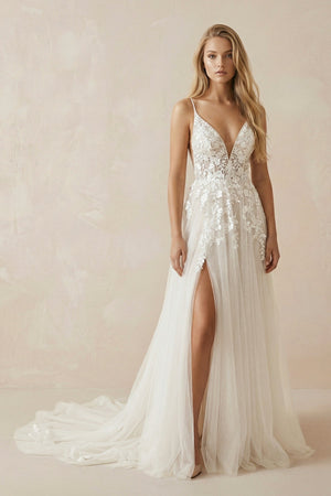 A - Line Ivory Lace V - Neck Wedding Dress with Ruffles - KissProm Wedding Dresses