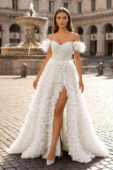 A Line Off the Shoulder Tiered Tulle Prom Dress With Slit - KissProm