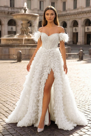 A Line Off the Shoulder Tiered Tulle Prom Dress With Slit - KissProm