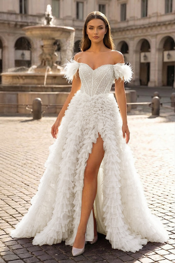 A Line Off the Shoulder Tiered Tulle Prom Dress With Slit - KissProm