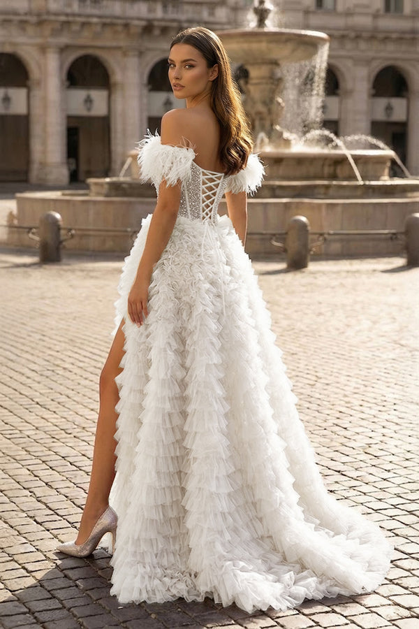 A Line Off the Shoulder Tiered Tulle Prom Dress With Slit - KissProm