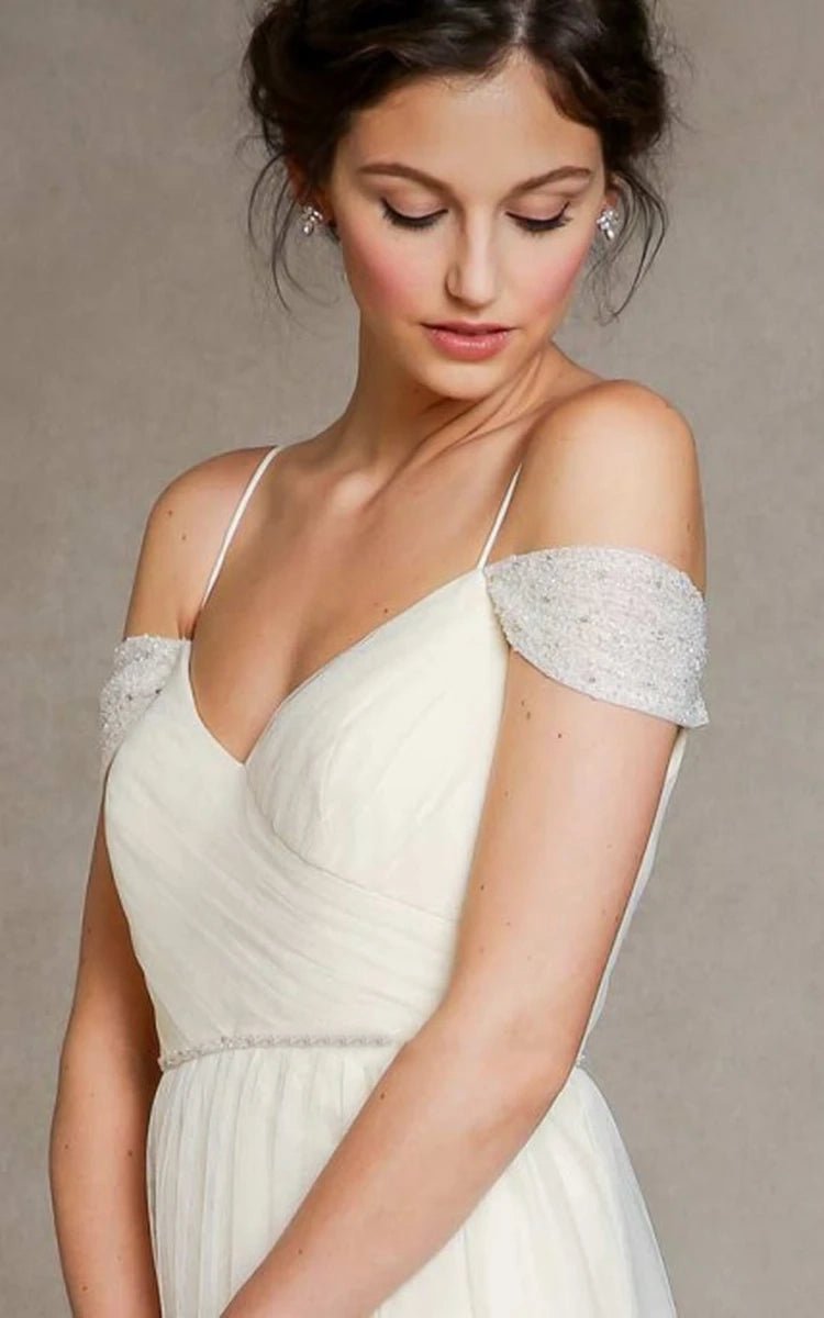 A-Line Spaghetti Straps Off-the-Shoulder Tulle Long Wedding Dress