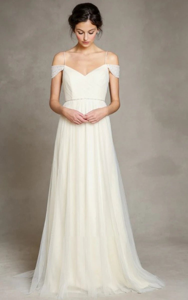 A-Line Spaghetti Straps Off-the-Shoulder Tulle Long Wedding Dress