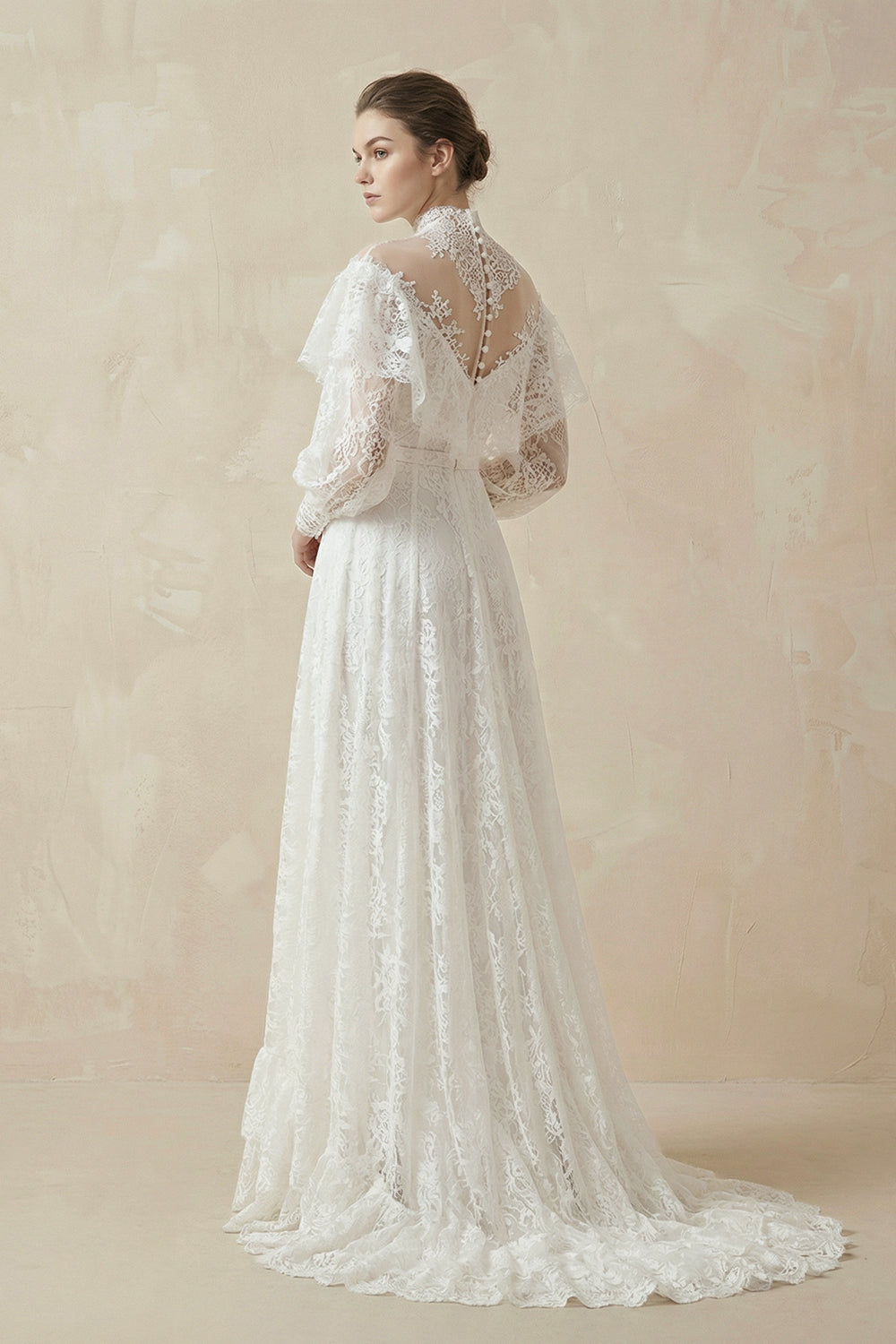 A-Line Lace Appliques Illusion Neck Wedding Dresses-KissProm