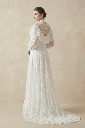 A-Line Lace Appliques Illusion Neck Wedding Dresses-KissProm