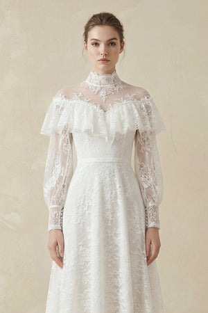 A-Line Lace Appliques Illusion Neck Wedding Dresses-KissProm