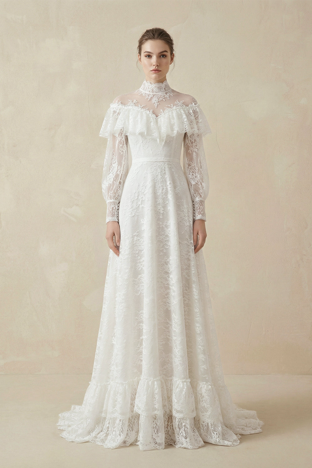 A-Line Lace Appliques Illusion Neck Wedding Dresses-KissProm
