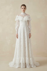 A-Line Lace Appliques Illusion Neck Wedding Dresses-KissProm