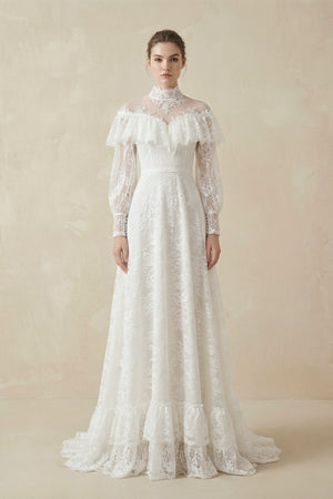 A-Line Lace Appliques Illusion Neck Wedding Dresses-KissProm