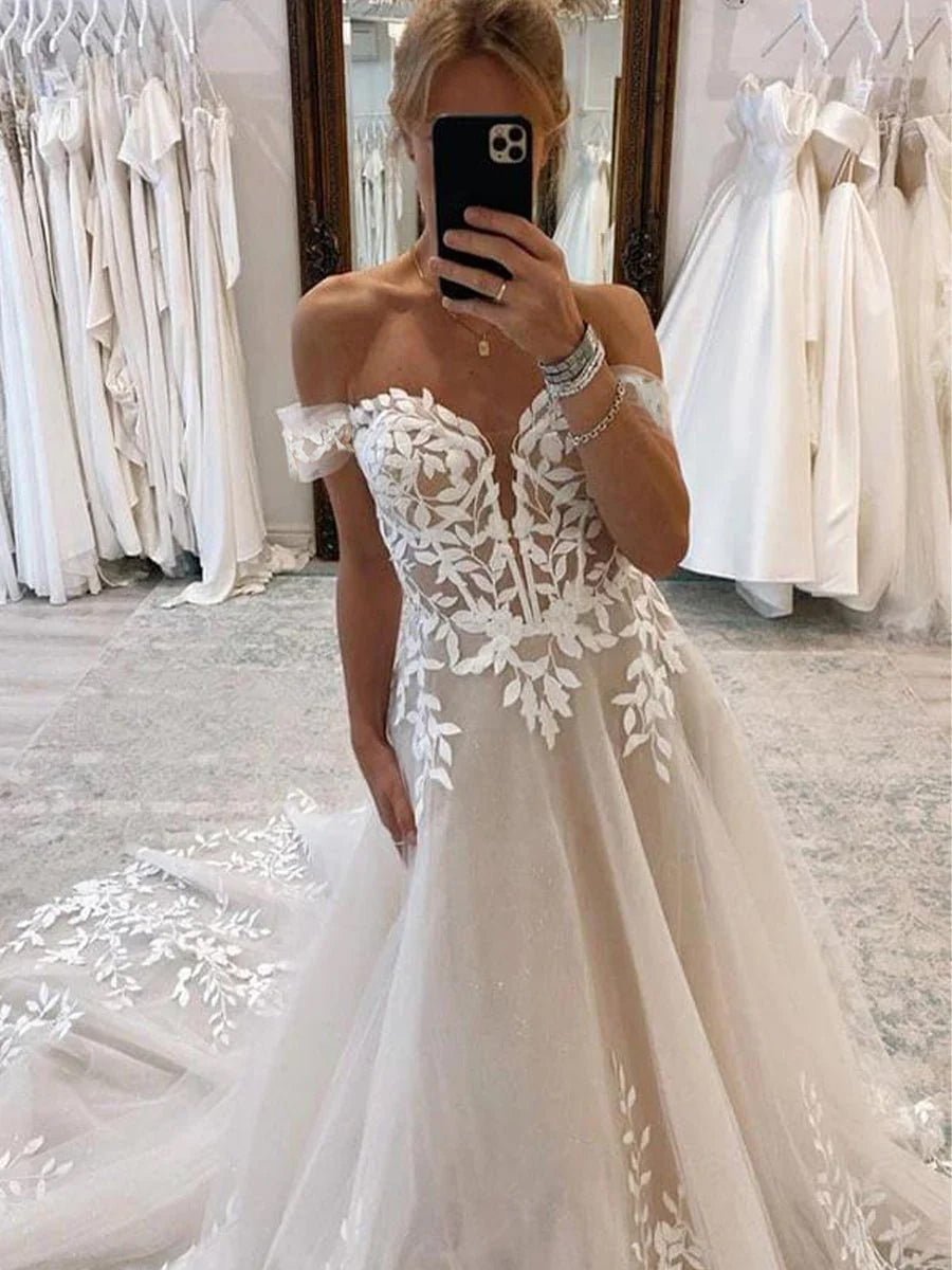 Sammy | A - line Lace Beach Wedding Dress with Off Shoulder Tulle Appliques - KissProm