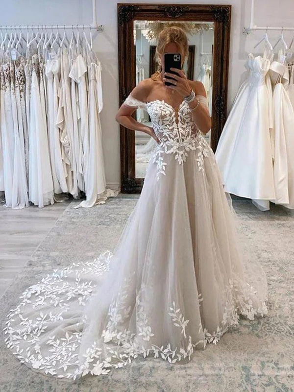 Sammy | A - line Lace Beach Wedding Dress with Off Shoulder Tulle Appliques - KissProm