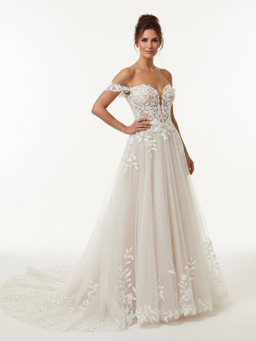 A - line Lace Beach Wedding Dress with Off Shoulder Tulle Appliques - KissProm