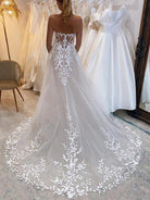 A - line Lace Beach Wedding Dress with Off Shoulder Tulle Appliques - KissProm
